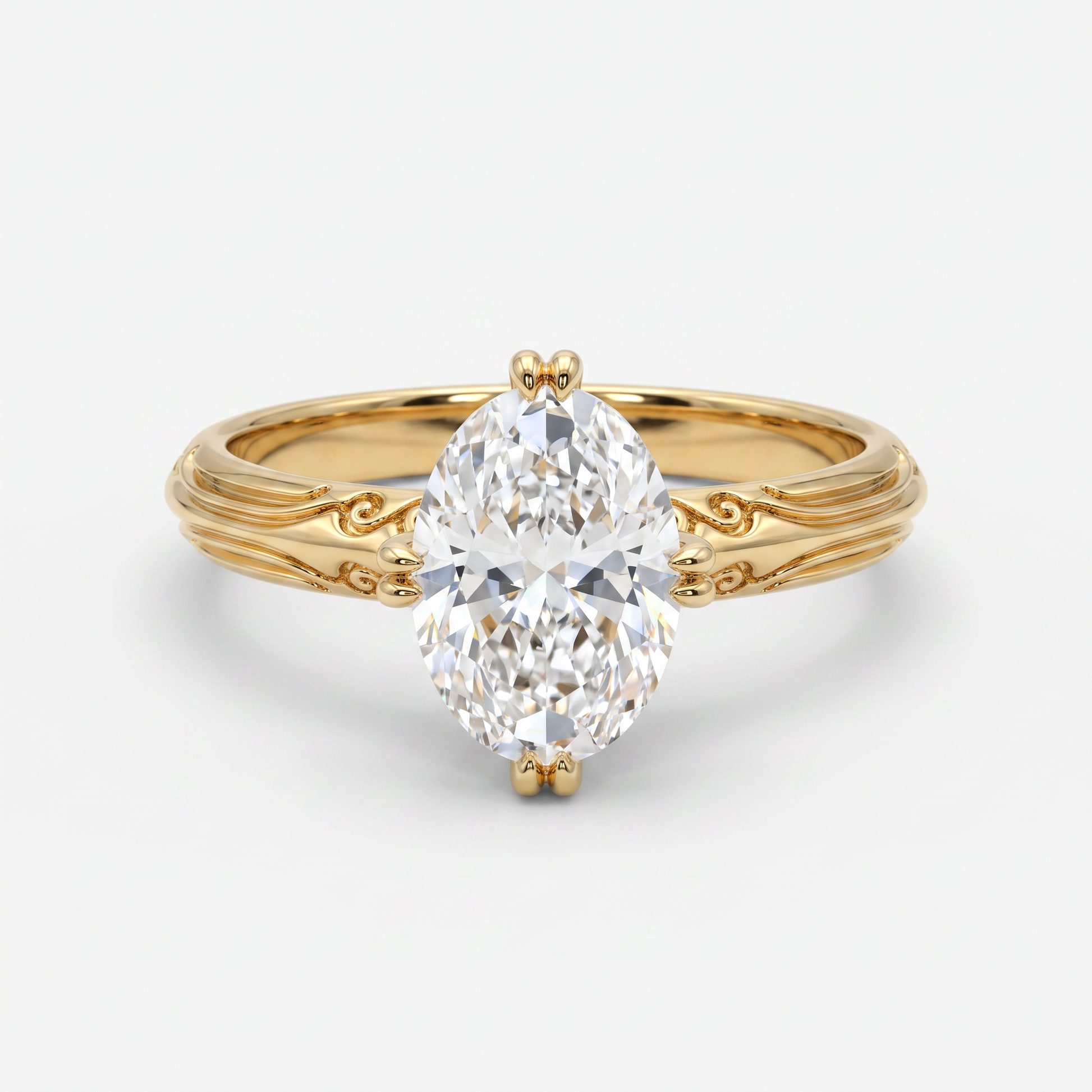A yellow gold solitaire engagement ring featuring a marquise-cut diamond center stone, set against a clean white background.