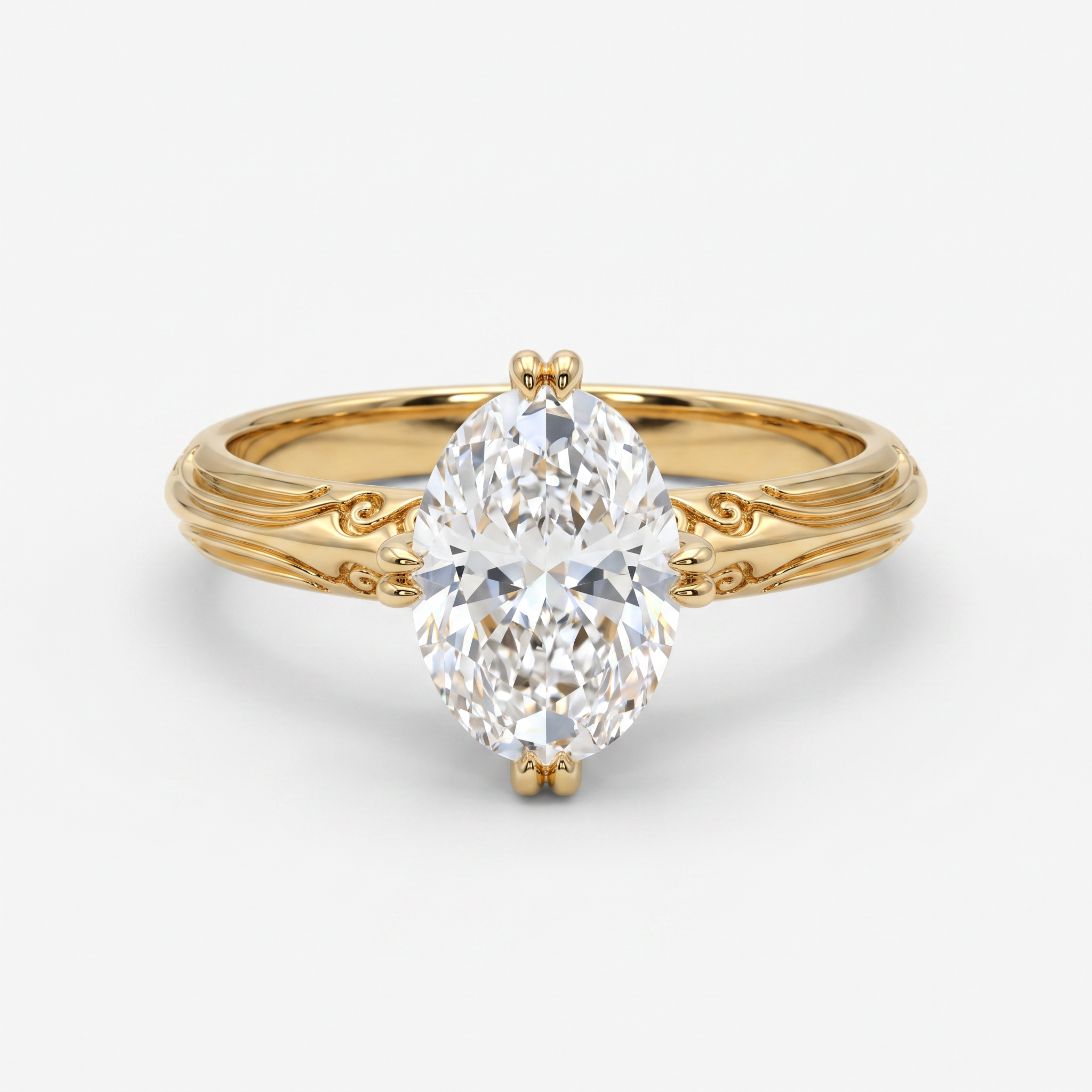 A yellow gold solitaire engagement ring featuring a marquise-cut diamond center stone, set against a clean white background.