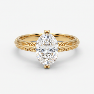 A yellow gold solitaire engagement ring featuring a marquise-cut diamond center stone, set against a clean white background.