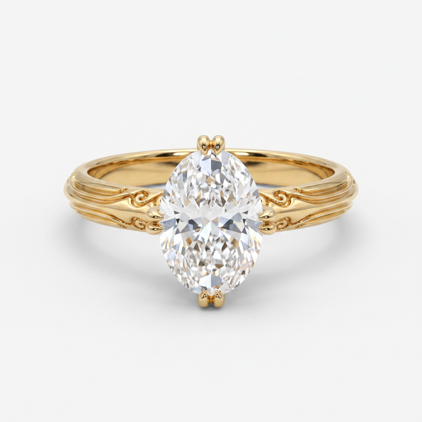 A yellow gold solitaire engagement ring featuring a marquise-cut diamond center stone, set against a clean white background.