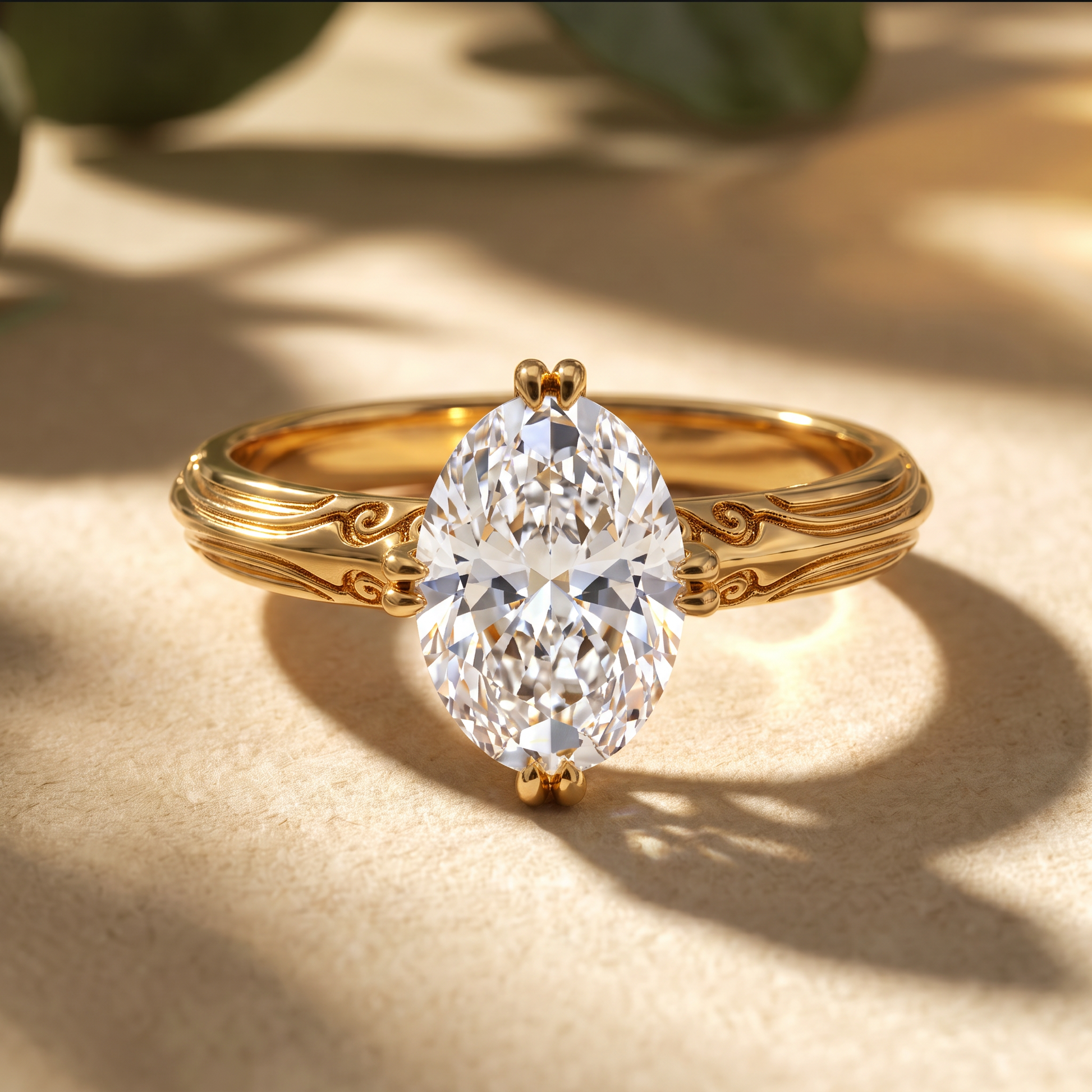 A gold ring with an oval-cut clear gemstone, photographed on a warm beige surface with soft leaf shadows.