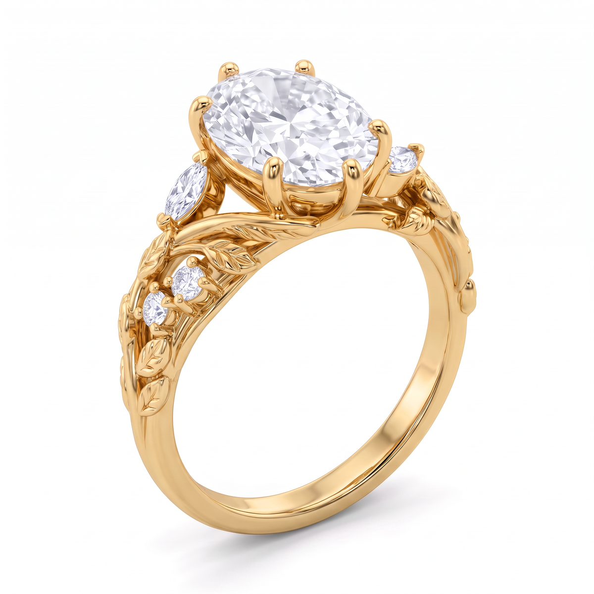 Subtle Leaf Accent Oval Solitaire l Lab Grown Diamond Ring