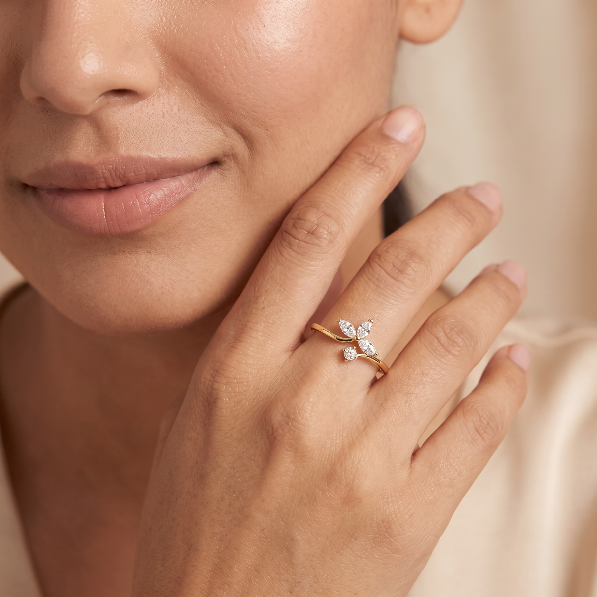 Floral Bypass Marquise Round Diamond Lab Grown Ring