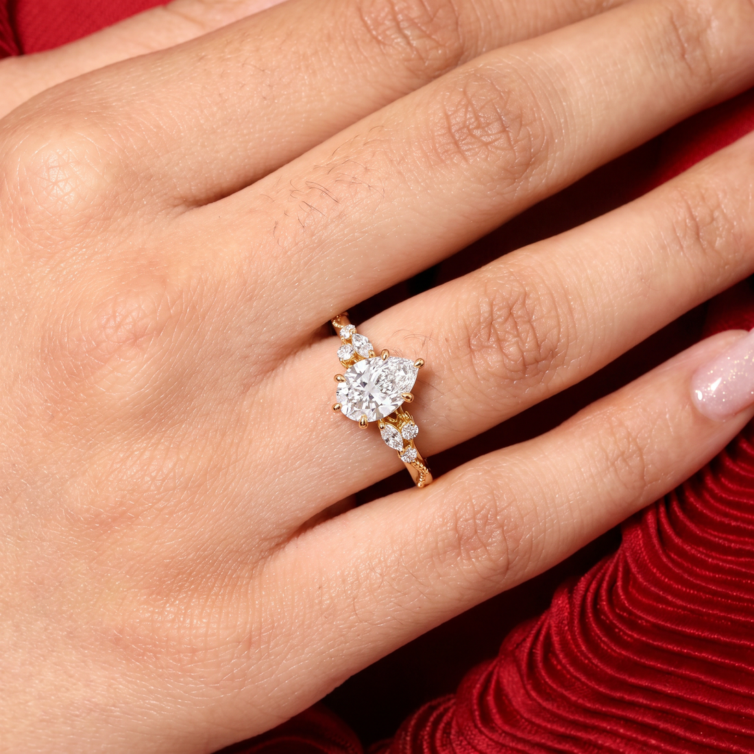 Botanical Leaf Vine Pear Solitaire Ring