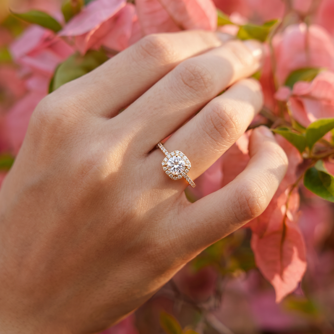 Cushion Halo Round Solitaire Ring