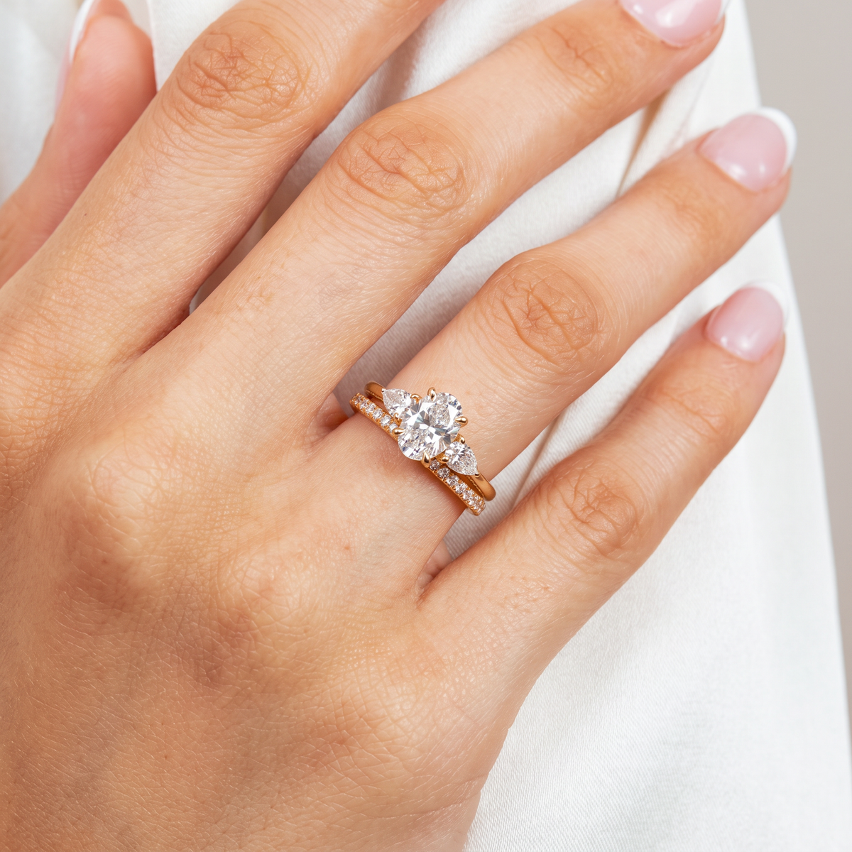 Three-Stone Pear Accent Oval Diamond Stack Ring