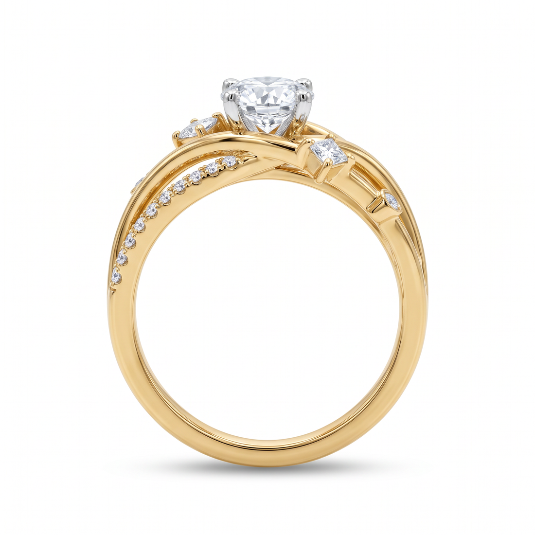 Princess Accent Wave Round Solitaire Ring