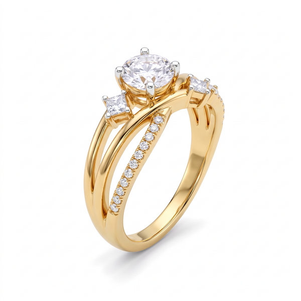 Princess Accent Wave Round Solitaire Ring