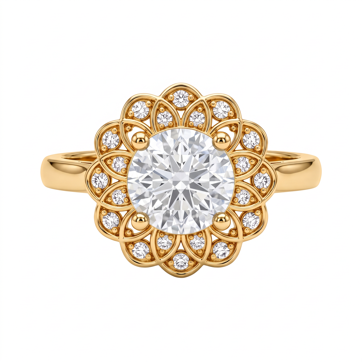 Blooming Floral Petal Double Halo Round Diamond Ring