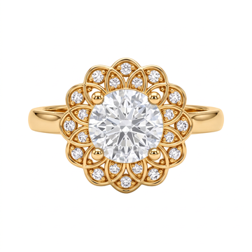 Blooming Floral Petal Double Halo Round Diamond Ring