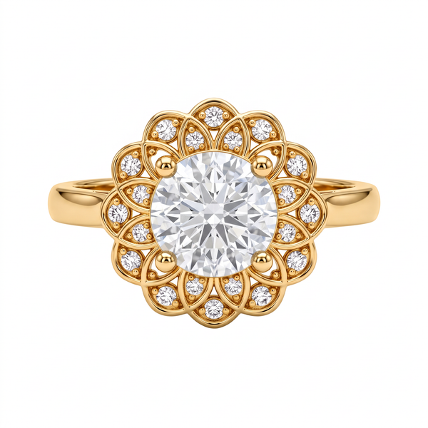 Blooming Floral Petal Double Halo Round Diamond Ring