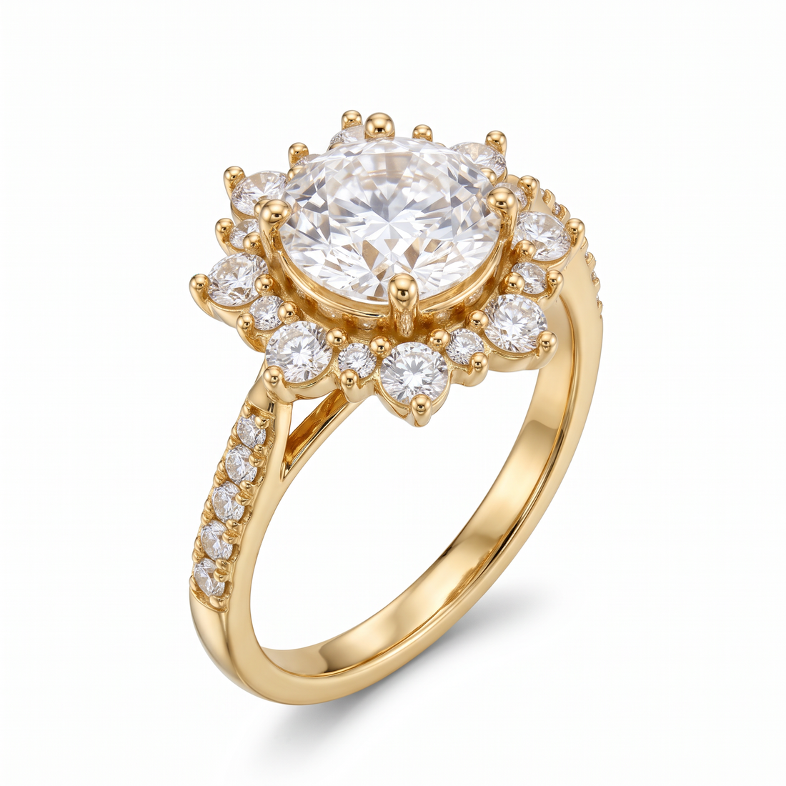 Scalloped Floral Petal Halo Pavé Shank Round Diamond Ring